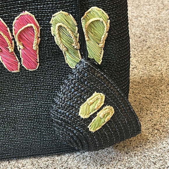 Straw Woven Black Beach Summer Large Tote with Flip Flops design + small bag - Picture 2 of 16